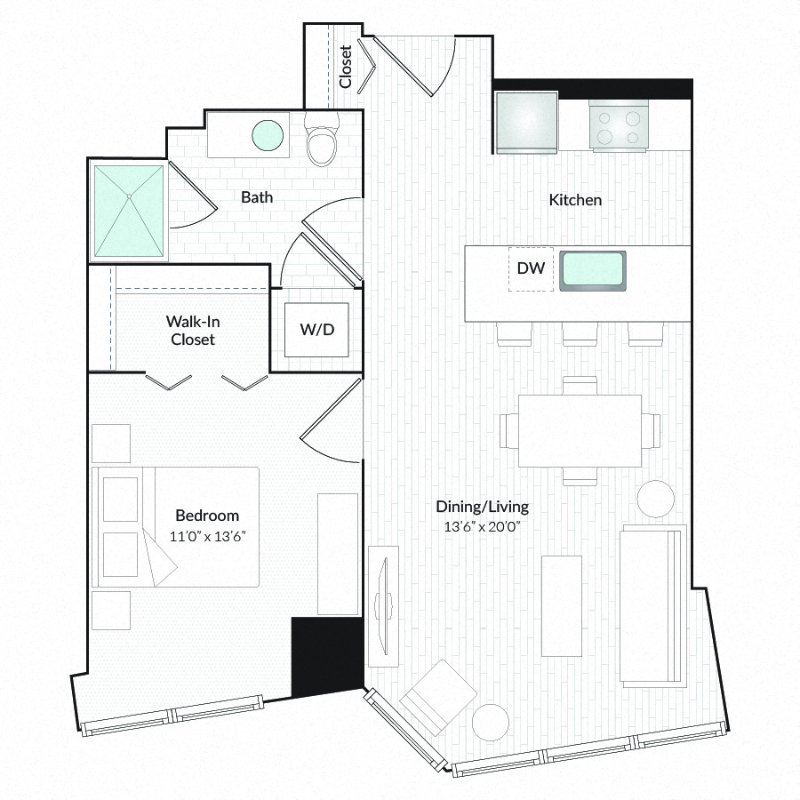 Floor plan for 1 bed, 1 bath, 764 sqft